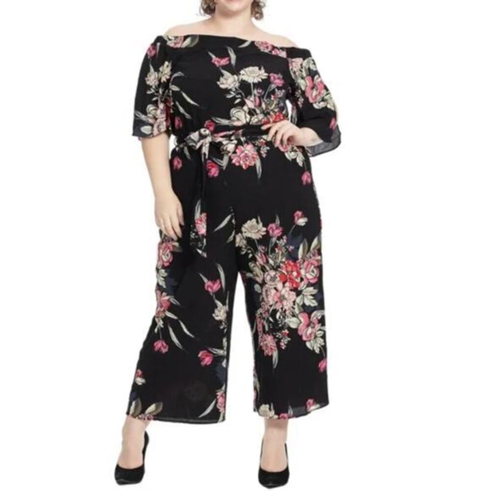 City Chic Black Misty Floral Off The Shoulder Belted Cropped Leg Jumpsuit, 14